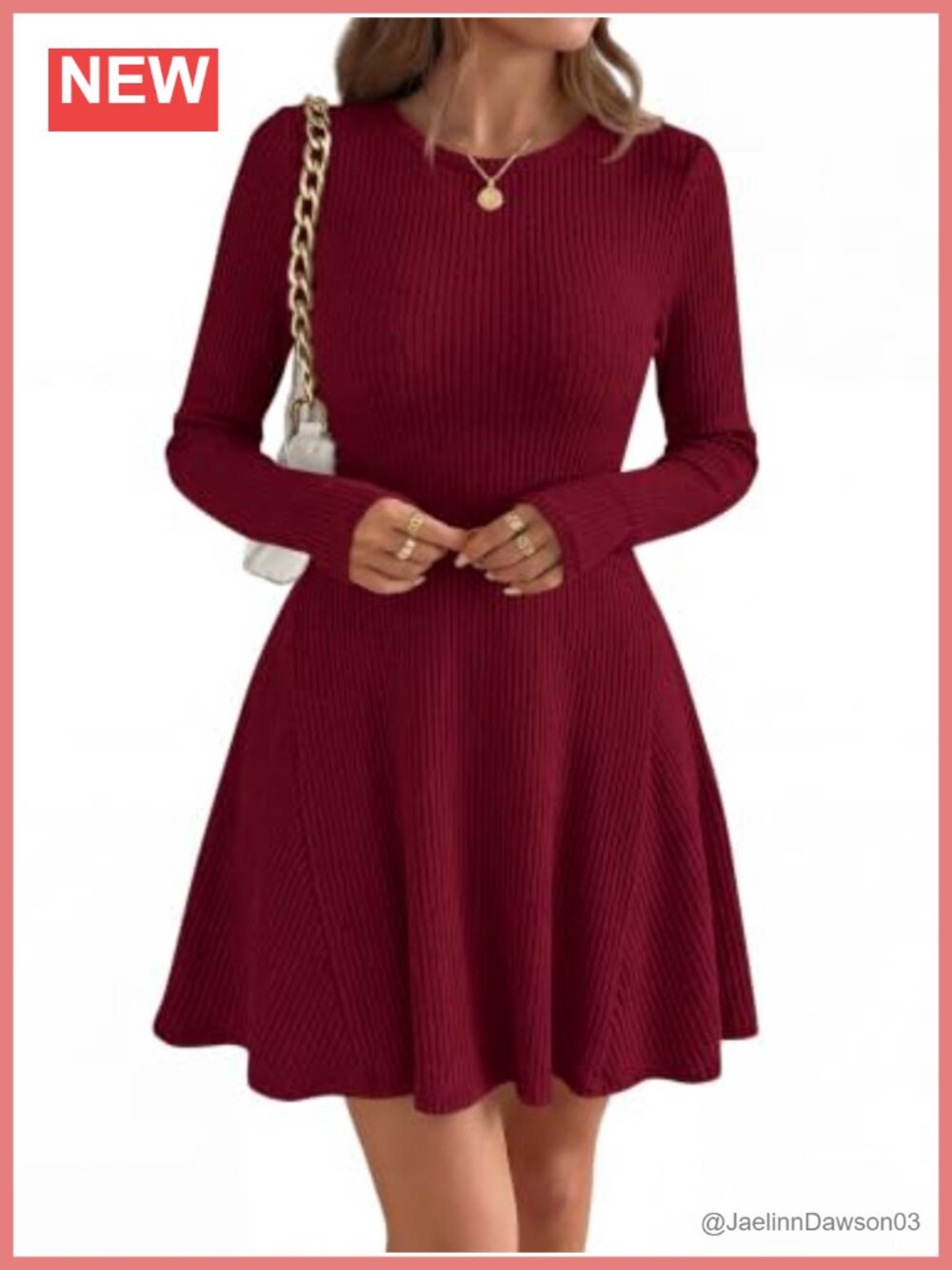 Ribbed Knit Long Sleeve A-Line Mini Sweater Dress Crewneck Fit & Flare